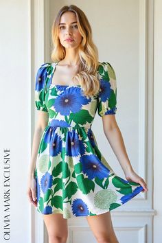 Olivia Mark - Vibrant Floral Print Puff Sleeve Square Neck Mini Dress Square Neck Mini Dress, Green Foliage, Vibrant Blue, Flared Skirt, Lush Green, White Canvas, Olivia Mark, Blue And Green, Flare Skirt