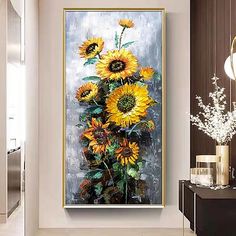 a painting of sunflowers in a vase on a wall