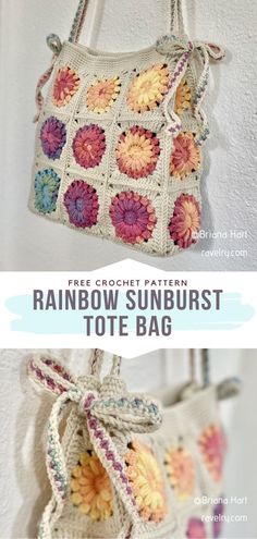 a crocheted bag hanging from a hook with the words rainbow sun burst tote bag