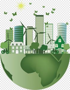 an image of the earth with green buildings and wind turbines on it, transparent background