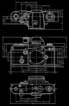 a black and white drawing of a camera with the words nikon on it's side