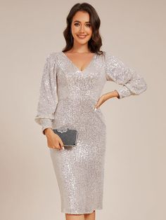 Turn heads with this stunning Sequin Long Sleeve Pencil Bodycon V-Neck Midi Wedding Guest Dress. Designed to accentuate your curves, this body-hugging dress features a flattering V-neckline and shimmering sequins that catch the light from every angle. The long sleeves provide coverage without sacrificing style, while the pencil midi skirt adds a touch of sophistication. Perfect for weddings and other formal occasions, this dress ensures you'll stand out with effortless glamour. Fit: Please refer Midi Wedding Guest Dress, Pencil Midi Skirt, Body Hugging Dress, Sequin Wedding, Guest Attire, Wedding Attire Guest, Affordable Dresses, Neck Bodycon Dress, Dress With Long Sleeves