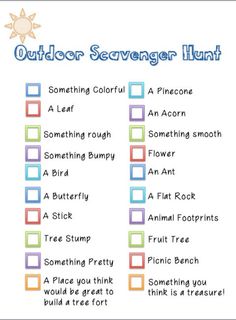 an outdoor scavenger hunt is shown in this printable activity sheet for kids