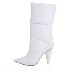 36-41 Eu Elegant White Mid-calf Boots For Winter, Elegant White Mid-calf Winter Boots, Chic Winter Boots With Padded Ankle, Fitted White Mid-calf Boots With Reinforced Heel, Elegant White High Heel Mid-calf Boots, Chic White Heeled Boots With Padded Ankle, Chic White Heeled Boots With Padded Heel, Winter Mid-calf Boots With Padded Heel And Pointed Toe, Chic White Winter Boots