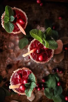 two cranberry cocktails with mint garnish on the rim and leaves