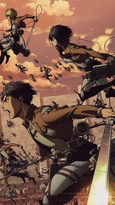 an anime scene with two men and one woman in the air, surrounded by other people