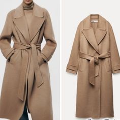 Retails For $299 With Quality Wool Blend So Smooth, Moldable And Soft On Both Sides. Double Faced Wool Blend Coat Zw Collection Zara Woman Collection Long Double Faced Coat Made With 50% Wool Blend Fabric. Lapel Collar And Long Sleeves With Belted Cuffs. Tied Self Belt. Flap Pockets At Front. Side Vents At Hem. Dark Camel | 7522/264 Outer Shell 50% Wool 43% Polyester 7% Other Fibres Wool Blend Coat, Zara Jackets, Zara Woman, Pea Coats, Lapel Collar, Zara Women, Tan Brown, Women Collection, Wool Blend