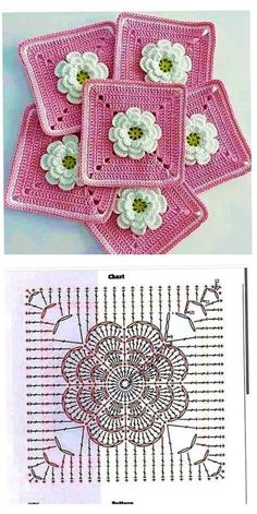 crocheted coasters with flowers on them are shown in pink and white colors