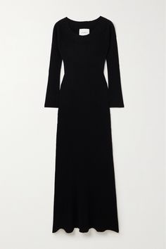 The understated elegance of Lisa Yang's 'Marvin' midi dress is down to its unfussy design. It's made from sumptuous black cashmere and has a ribbed finish that beautifully contours your curves. Complement the off-the-shoulder neckline with a dainty necklace. Elegant Ribbed Maxi Dress For Formal Occasions, Elegant Formal Ribbed Maxi Dress, Formal Fitted Ribbed Maxi Dress, Sleek Ribbed Midi Dress For Evening, Elegant Ribbed Maxi Dress For Work, Elegant Black Ribbed Dress, Elegant Black Ribbed Maxi Dress, Build Wardrobe, Nancy Wilson