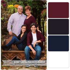 three people sitting on a bench in front of trees and flowers with the color scheme shown below them