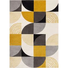 an area rug with yellow, grey and black geometric shapes on white groundcloths