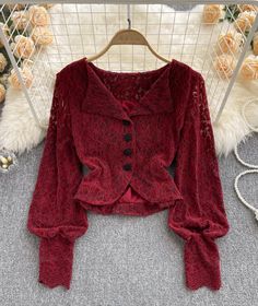 Fabric: LaceColor: White, Wine Red, BlackSize: S, M, L Red Lace Shirt Outfit, Grandma Style Outfits, Long Sleeve Lace Shirt, Dragon Photo, Cotton Lace Tops, Grandma Style, Red Lace Top, Lace Long Sleeve Shirt, Grandma Fashion