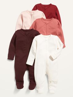 three baby onesuits with zippered sleeves and long sleeves, all in different colors