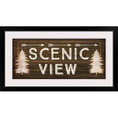 a wooden sign that says scenic view with pine trees on the bottom and an arrow above it