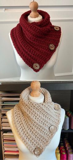 two crocheted scarves sitting on top of a white mannequin