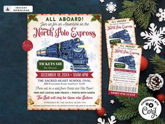 Christmas North Pole Express Flyer by Stellina Dreams Please see our shop announcement for any promotions and discount! TRY BEFORE YOU BUY!  Copy and paste the URL below to demo: https://www.corjl.com/d/201BI0 WHAT'S INCLUDED? This listing is for DIGITAL file(s), and NO printed items will be mailed. Flyer Size: 1. 8.5 x 11 inches 2. 5 x7 inches Ticket Size: 2.25 x 4 inches ALL text is EDITABLE via Corjl.com, please check the Demo Url to test! (check below for more info) The file will be accessible via Corjl.com upon purchase, for any questions please don't hesitate to contact me. HOW DOES D.I.Y. WORK? ✓ No waiting! You'll have access to your item right after purchasing. ✓ No need to download any software. Personalize this item right in your browser. ✓ Personalize using your computer, or ma Christmas Party Diy, Christmas North Pole, Church Christmas Party, Diy Christmas Party, Polar Express Train, North Pole Express, Printable School, Flyer Size, Holiday Kids