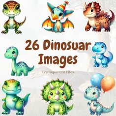 there are many different types of dinosaurs in this image with the words, 26 dinosaur images