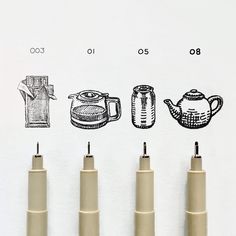 four pens are lined up next to each other with different types of teapots on them