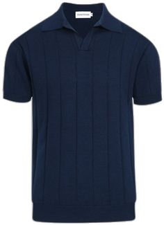 Navy Short Sleeve Polo Sweater With Ribbed Collar, Fitted Cotton Textured Knit Polo Sweater, Blue Short Sleeve Cotton Polo Sweater, Navy Short Sleeve Tops With Ribbed Collar, Navy Short Sleeve Top With Ribbed Collar, Navy Fitted Top With Ribbed Collar, Classic Blue Tops With Ribbed Collar, Blue Short Sleeve Tops With Ribbed Collar, Fitted Navy Polo Sweater With Ribbed Collar