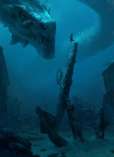 an underwater scene with a man standing on a log in front of a giant dragon