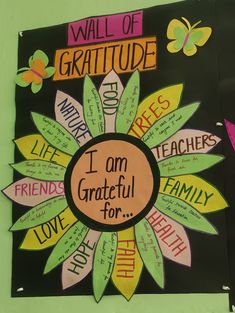 a bulletin board with words written in different languages and flowers on it that read, i am grateful for the day