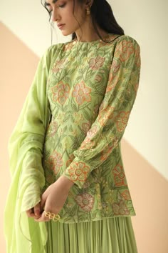 Buy Ease Green Pure Crepe Embroidered Kurta Sharara Set Online | Aza Fashions Kurta Sharara Set, Kurta Sharara, Latest Dress Design, Traditional Indian Outfits, Indian Dresses Traditional, Dress Design Patterns, Sleeves Designs For Dresses