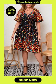 Casual Print Frenulum V Neck Short Sleeve Dress Plus Size Dresses Spring Mid-length Non-stretch Dresses, Multicolor Mini Length Dress, Non-stretch Knee-length Dresses For Spring, Knee-length Spring Dresses, Spring Multicolor Dress, Multicolor Short Sleeve Midi Dress, Trendy Non-stretch Multicolor Dress, Trendy Knee-length Floral Print Dress, Trendy Multicolor Non-stretch Dress