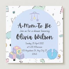 a blue and white baby shower party card