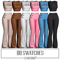 six women's pants with cats on them and the words, 80 swatches