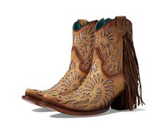 Fall Fringe Boots With Snip Toe, Western Boots With Tassels And Round Toe, Brown Western Boots With Tassels, Fall Fringe Fitted Boots, Fringe Fitted Boots For Fall, Fitted Fringe Boots For Fall, Western Boots With Tassels For Fall, Leather Pointed Toe Boots With Fringe, Western Style Boots With Tassels For Fall