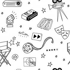 black and white drawing of various items on a white background with stars, stripes, and shapes