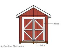 a red shed with the door open and windows drawn to show it's side