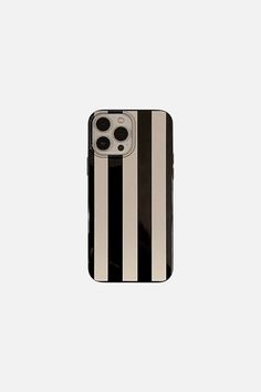 an iphone case with black and white stripes on the front, against a gray background