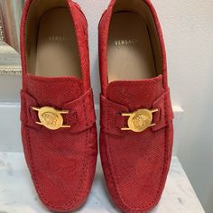 Brand New Red Versace Loafers. Serious Offers Only. Luxury Slip-on Loafers With Red Sole, Luxury Loafers With Red Sole And Round Toe, Red Formal Moccasins With Branded Insole, Luxury Red Loafers For Business, Luxury Red Formal Loafers, Luxury Red Almond Toe Loafers, Red Luxury Loafers With Round Toe, Luxury Red Loafers With Round Toe, Luxury Red Loafers With Leather Sole