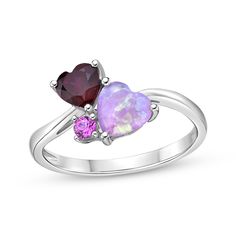 All dressed up, this ring is ready for a night out. Created in sterling silver, the design features a heart-shaped lab-created ruby, a heart-shaped pink lab-created opal cabochon and a round-cut pink lab-created sapphire atop a bypass-look shank design. Sterling Silver Ring For Anniversary, Mother's Day Gift, Sterling Silver Ring For Mother's Day Anniversary Gift, Sterling Silver Rings For Anniversary Gift On Mother's Day, Sterling Silver Heart Ring For Anniversary, Sterling Silver Rings For Valentine's Day Anniversary, Silver Ring For Valentine's Day Anniversary, Silver Rings For Valentine's Day Anniversary, Sterling Silver Gemstone Rings For Valentine's Day, Purple Promise Rings For Valentine's Day