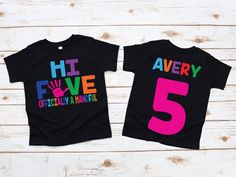 MATCHING FAMILY- https://www.etsy.com/listing/1285159804/girl-5th-birthday-high-five-shirt-fifth?click_key=e72f77cf5545589c61288a3f2d7d10b28b39364a%3A1285159804&click_sum=23773a21&ga_search_query=HIGH%2BFIVE&ref=shop_items_search_9&pro=1&sts=1Welcome to JADEandPAIIGE! Below is a list of sizing and washing instructions for our products! PLEASE READ ALL SHOP ANNOUNCEMENTS PRIOR TO PLACING YOUR ORDER! WE CAN MATCH FAMILY SHIRTS TO ANY LISTING REACH OUT FOR LINKS! WE RESPOND ALMOST IMMEDIATELY SO PL 5th Birthday Shirt Girl, Hi Five Birthday, 5th Birthday Shirt, Fifth Birthday, Hi Five, Neon Shirts, Body Suit With Shorts, Shirt Girl, Kids Graphic Tees