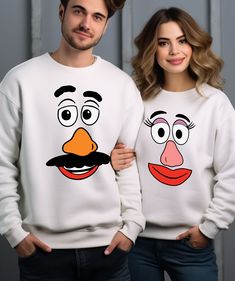 Mr Potato and Ms Potato Heads Inspired Couples Matching Sweatshirt, Mr Potato and Ms Potato Sweatshirt, Couple Thanksgiving Sweatshirt Modern classic fit High stitch density for smoother printing surface Non-topstitched, narrow width, rib collar Taped neck and shoulders Double-needle sleeve and bottom hems Tear away label Size & Colors: For size and color options, please refer to the listing images. Usually runs true size. DTF (Direct to Film) printing method is used. It transfers prints onto fabric using a heat-press mechanism.   Care Instructions: Turn the shirt inside out. Machine wash cold with mild detergent. Tumble dry very low. Do not use bleach. Do not iron directly on design. Our garments are pre-shrunk during the garment dye and wash processes for almost no shrinkage at home. Ret Fun White Crew Neck Sweatshirt, Fun Cotton Sweatshirt With Character Print, Fun White Sweatshirt For Winter, White Cotton Sweatshirt With Character Print, Funny White Long Sleeve Tops, White Long Sleeve Fun Sweatshirt, Fun White Cotton Hoodie, Couples Sweaters, Matching Sweatshirts