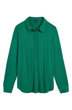 A polo-style collar adds a sporty touch to this popover shirt made from soft jersey so your every move flows effortlessly. 26" length Hidden-button half placket Point collar Long sleeves 95% rayon, 5% elastane Machine wash, dry flat Imported Universal Standard, Popover Shirt, Polo Style, Green Jacket, Nordstrom, Long Sleeves, Collar, Long Sleeve, Green