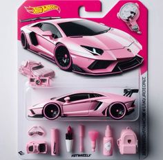 a pink toy car with accessories in the package