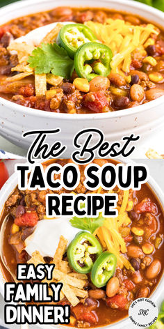 Taco soup in a white bowl. Easy Fall Dinner Ideas Ground Beef, Stovetop Taco Soup Recipe, 8 Can Taco Soup Recipe Beef, Taco Alternative Dinners, Tortilla Soup With Ground Beef, Homemade Taco Soup, Taco Soup For A Crowd, 7 Can Taco Soup Recipe Easy, Fall Soup Recipes Ground Beef