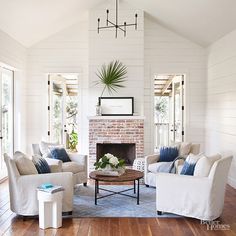 a living room filled with furniture and a fire place in the middle of a room