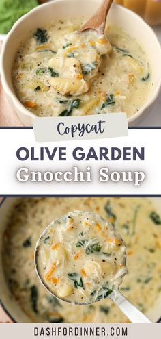 two pictures with different types of soup in them and the title says copycat olive garden gnocchini soup