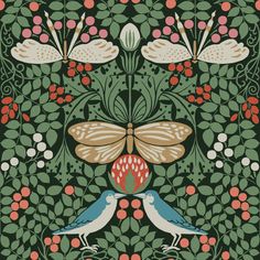 two birds sitting next to each other on top of a green and red wallpaper