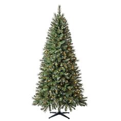 a christmas tree with lights on it and a black stand in front of a white background