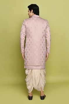 Pink sherwani featuring leaf pattern. Paired with a solid sleeveless inner kurta and a cream dhoti pant. - Aza Fashions Reception Sherwani With Chikankari Embroidery For Navratri, Traditional Drape Nehru Jacket For Diwali Reception, Navratri Designer Sherwani With Naqshi Detailing, Designer Naqshi Sherwani For Navratri, Navratri Designer Sherwani With Naqshi, Fitted Traditional Wear With Naqshi For Navratri, Traditional Drape Sherwani For Reception Navratri, Traditional Drape Sherwani For Reception And Navratri, Traditional Drape Sherwani For Reception During Navratri