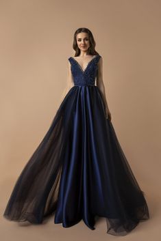 Navy Blue Beaded A-Line Evening Gown with Plunging V-Neckline - Ball Gown with Flowing Tulle Plus Size - WonderlandByLilian Wedding Dress Aesthetic, Navy Blue Gown, V Neck Prom Dresses, Royal Blue Dress, Blue Gown, Dress Aesthetic, A Line Gown, Red Carpet Dresses, Prom Dresses Blue