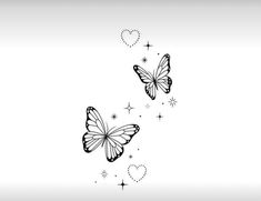 two butterflies flying in the air with hearts and stars around them on a white background