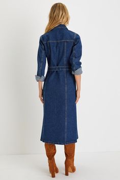 Denim is always an iconic choice, so elevate your seasonal wardrobe with the Lulus Edgy Instinct Dark Wash Denim Long Sleeve Midi Dress! Sturdy cotton denim shapes this undeniably cool dress that has long sleeves with snap-button cuffs and a collared neckline. Bodice boasts two flap pockets with snap closures and a full snap button placket at front. Waist features belt loops and a removable sash belt, atop a column-style skirt that ends at a midi hem. Fit: This garment fits true to size. Length: Spring Denim Blue Workwear Denim Dress, Winter Workwear Cotton Midi Dress, Cotton Midi Dress With Pockets For Fall, Winter Cotton Midi Dress For Work, Fall Blue Denim Dress, Relaxed Fit Medium Wash Denim Dress, Medium Wash Denim Dress For Workwear In Spring, Medium Wash Denim Dress For Work In Spring, Relaxed Fit Cotton Denim Dress In Dark Wash