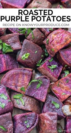 roasted purple potatoes with parsley on top and text overlay reading roasted purple potatoes recipe on knowourproduce com