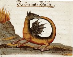 an illustration of a dragon with its mouth open, sitting on the ground in front of a mountain